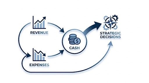 Strategic visibility diagram showing Revenue, Expenses, Cash, and Decisions